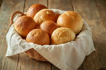 A rustic basket on a wooden table overflows with freshly baked rolls, promising a warm and comforting treat.