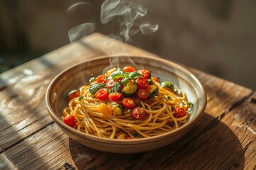 Steaming pasta dish with fresh tomatoes, zucchini, and basil, served in a ceramic bowl.