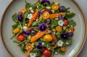 A fresh, vibrant salad on a plate, filled with colorful veggies, edible flowers, and healthy greens.