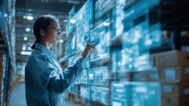 Warehouse worker analyzes inventory data using futuristic touch screen interface for efficient supply chain management