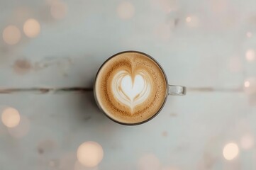 Overhead shot of latte art in a glass cup, atop a white surface, surrounded by dreamy bokeh lights.