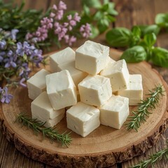 A wooden platter holds a pile of cubed cheese, adorned with basil, rosemary, and colorful flowers.