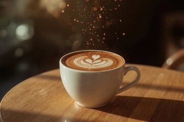 A white ceramic cup with latte art on a wooden table bathed in soft, warm sunlight and glowing particles.
