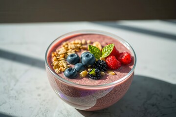 A vibrant berry smoothie bowl topped with fresh berries, granola, and a mint sprig presented beautifully.