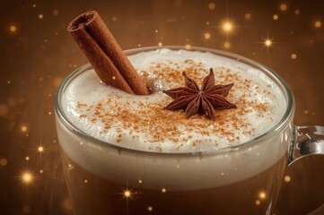 Aromatic delight: A glass mug of creamy, spiced drink adorned with cinnamon stick and star anise.