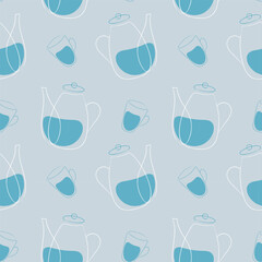 Pattern with tea set - teapot and mug in linear style, doodles with abstract spots, on blue background. . Vector illustration