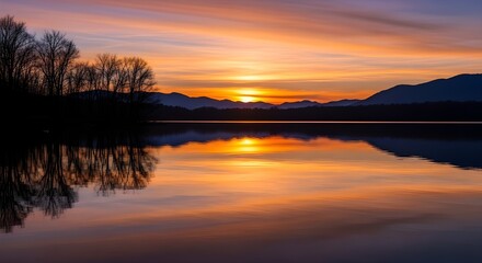 Naklejka premium sunset on the lake Reflecting Colorful Skies with Tree Silhouettes and Distant Mountains