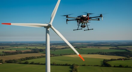 Advanced drone inspects wind turbine blade in expansive green countryside under clear blue sky