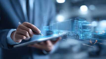 Modern logistics expert managing cargo truck fleet with tablet in futuristic digital interface
