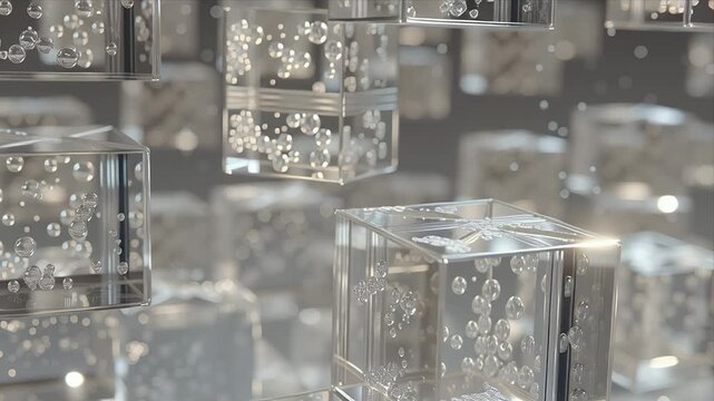 気泡が浮かぶ透明な立方体のクラスター｜Transparent Cube Cluster with Bubbles