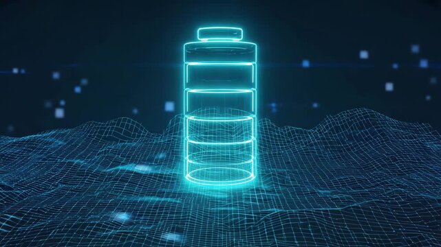 Futuristic Glowing Digital Battery Icon Over Virtual Wireframe Landscape