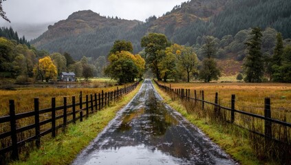Rain-slicked country road winds through autumnal landscape