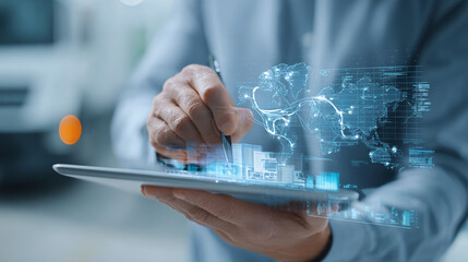 Expert analyzes global logistics data on tablet, planning efficient supply chain routes with futuristic interface