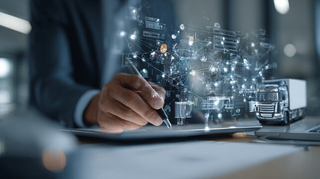 Innovative supply chain solutions with global logistics network and distribution truck model showcase growth - Powered by Adobe