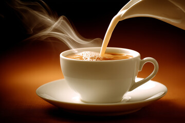 Creamy Milk Pouring into a Warm Cup of Coffee with Steam Rising Against a Dark Background