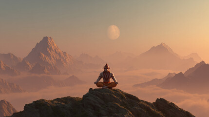 Lord Hanuman sitting in meditation, mountain background
