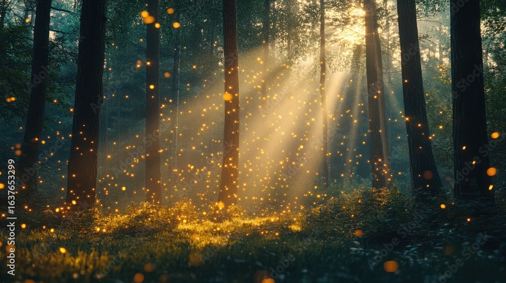 Poster serene forest landscape with sunlight and glowing particles in a tranquil setting