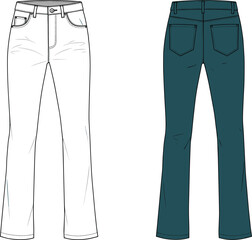 Flat sketch of classic women’s denim jeans, front and back view, technical fashion drawing, vector apparel template, five-pocket design