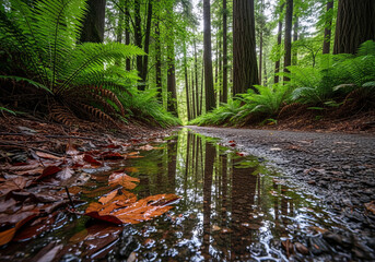 Forest path with a puddle reflecting trees after rain