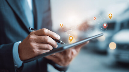 Professional analyzing global logistics map on tablet, planning international routes with pinpoint accuracy and efficiency.