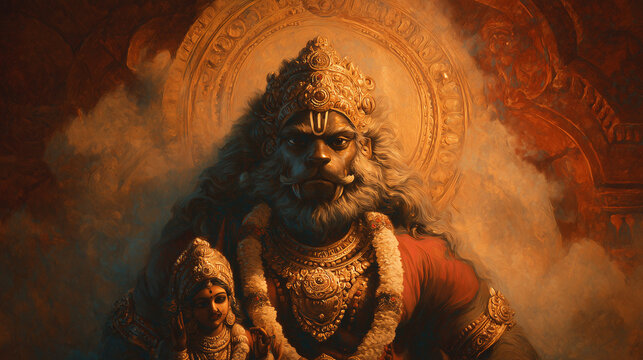 Traditional painting style of Narasimha avatar with Lakshmi