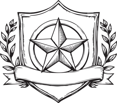 Hand-drawn star emblem with shield, laurel branches, and a blank banner.

