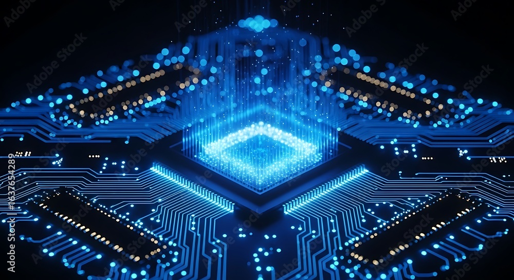 Poster abstract digital circuit board with glowing blue lines and a central processor, representing advance
