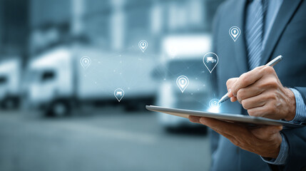 Professional manager uses tablet to track logistics and delivery routes with interactive map icons, optimizing supply chain.