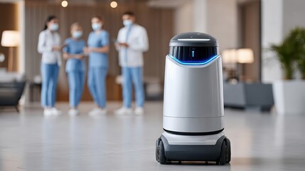 Obraz premium A futuristic robot stands in a modern setting while healthcare workers converse in the background, promoting technological innovation in healthcare.
