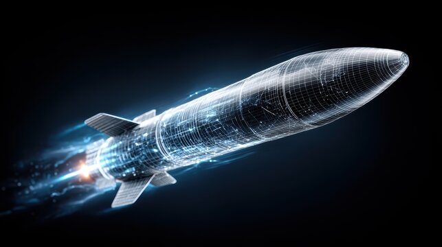 A futuristic rocket design with a digital wireframe look, emitting light and motion effects against a dark background.
