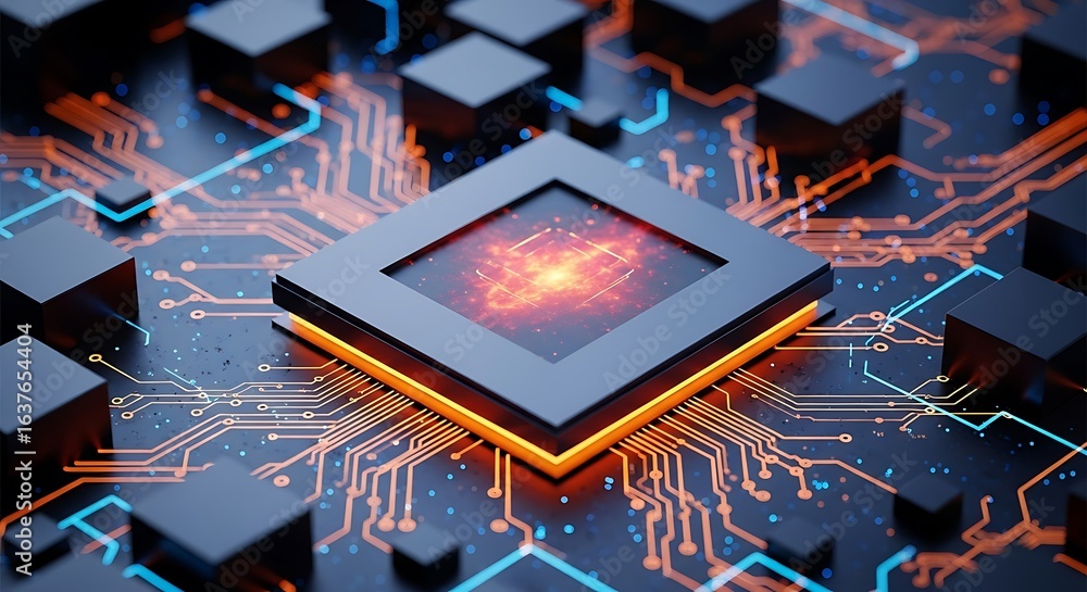 Aufkleber closeup view of a glowing computer processor chip on a circuit board with intricate pathways, repres