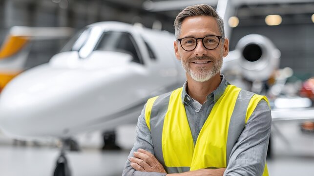 A confident man in a safety vest stands in front of a private jet, showcasing professionalism in an aviation setting.