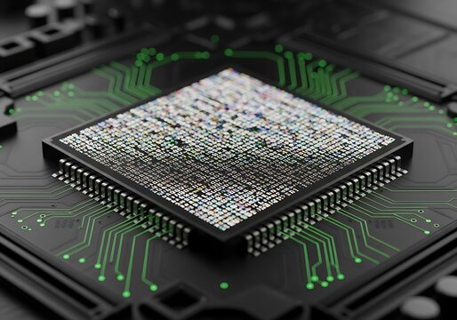 Closeup view of a modern computer processor chip on a circuit board with glowing green lines, representing advanced technology and data processing