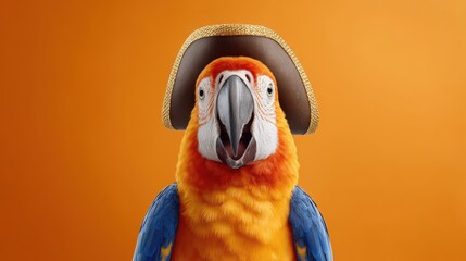 A colorful parrot wearing a pirate hat against a vibrant orange background, showcasing its bright feathers and animated expression.