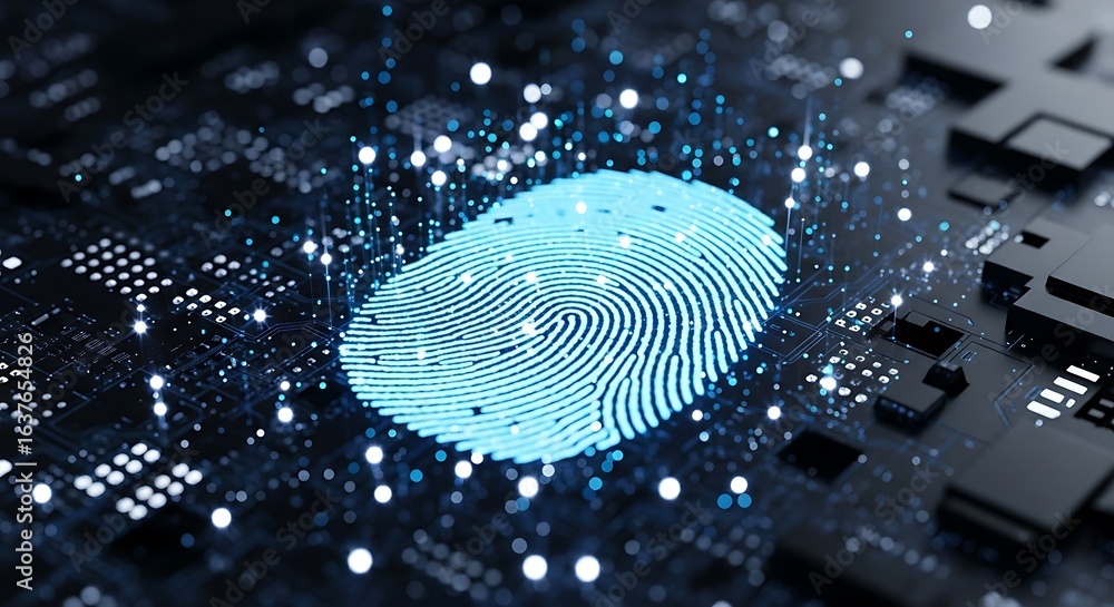Poster digital fingerprint scan on a futuristic circuit board, representing biometric security and data pro