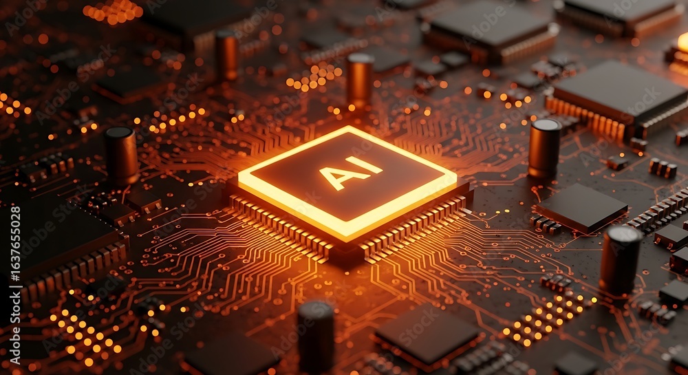 Poster glowing ai processor on a dark circuit board, representing artificial intelligence and advanced tech