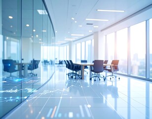 Modern blurred office interior with glass meeting room and digital data overlay on the floor, representing futuristic corporate technology, innovation, and workspace analytics.	