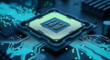 A detailed macro shot of a computer processor chip with glowing green pins, highlighting its complex structure and connection to the motherboard