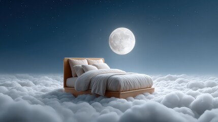A serene bed floats among clouds under a full moon, evoking a dreamlike atmosphere of tranquility and wonder.