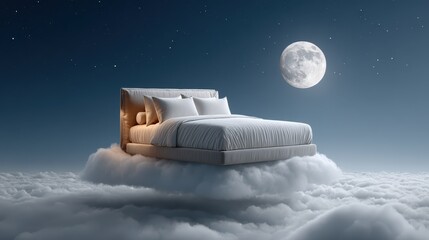 A surreal scene depicting a bed floating on clouds under a starry sky with a bright moon, evoking a dreamy, tranquil atmosphere.