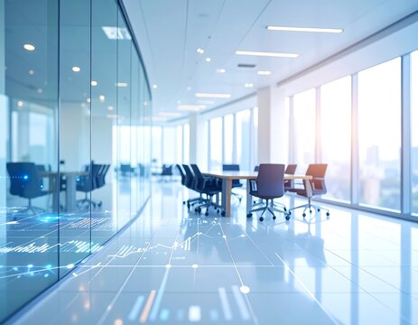 Modern blurred office interior with glass meeting room and digital data overlay on the floor, representing futuristic corporate technology, innovation, and workspace analytics.