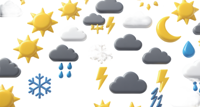 3D Weather Icons Sun, Clouds, Rain, Snow, Lightning - Stock Image
