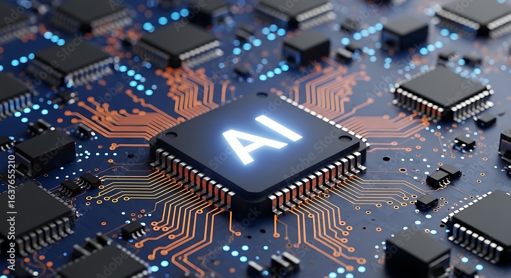 Poster ai artificial intelligence on a computer chip, symbolizing machine learning technology, data process