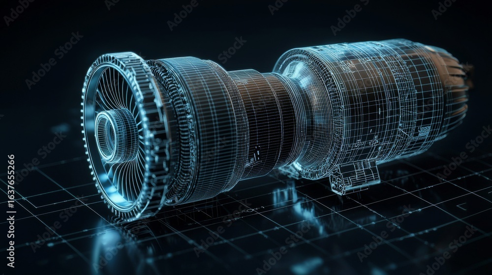 Poster detailed wireframe rendering of a turbojet engine showcasing intricate design and structural element