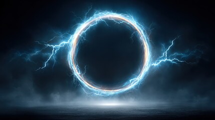 Obraz premium A glowing circular portal of electric blue energy, surrounded by striking lightning in a dark, atmospheric backdrop.