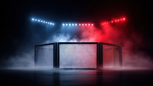A dramatic, illuminated fighting arena surrounded by fog, featuring a cage structure with striking blue and red lights.