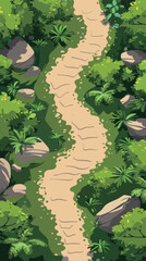 A winding path through a forest with trees on both sides. The path is made of dirt and rocks, and the trees are lush and green