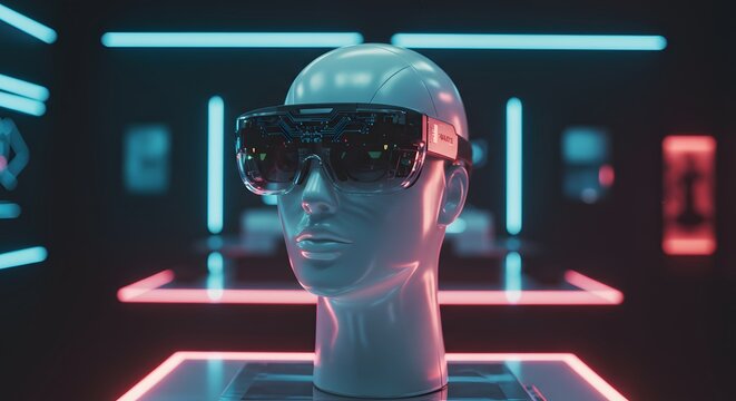 Futuristic headset displays glowing circuit patterns on a sleek mannequin head with neon lighting