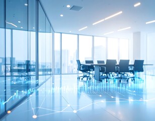 Modern blurred office interior with glass meeting room and digital data overlay on the floor, representing futuristic corporate technology, innovation, and workspace analytics.	