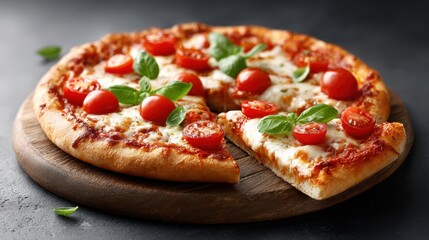 A delicious pizza topped with fresh tomatoes and basil, served on a wooden board against a dark background.